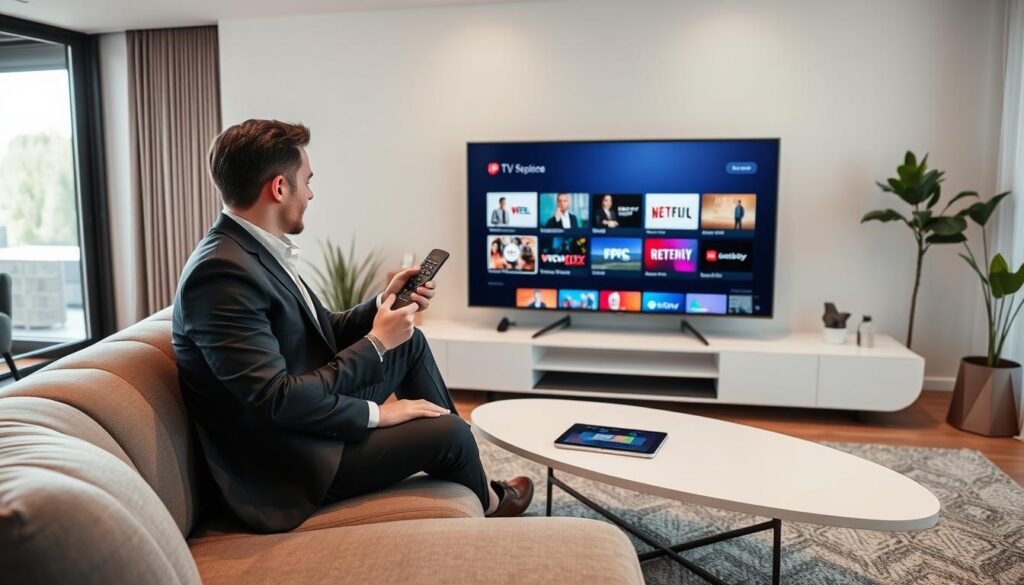 A modern living room featuring a stylish flat-screen TV displaying an IPTV interface, showcasing various channels. In the foreground, a young professional in business attire is seated comfortably on a sofa, holding a remote control and comparing streaming options. The middle ground includes a sleek coffee table with a tablet and notebook, indicating research and comparison. The background features a large window with soft, natural light illuminating the space, creating a warm and inviting atmosphere. The overall mood conveys a sense of ease and modernity, highlighting the advantages of IPTV service over traditional cable and satellite options. Utilize a wide-angle lens to capture a spacious feel, ensuring the focus remains on the IPTV experience.
