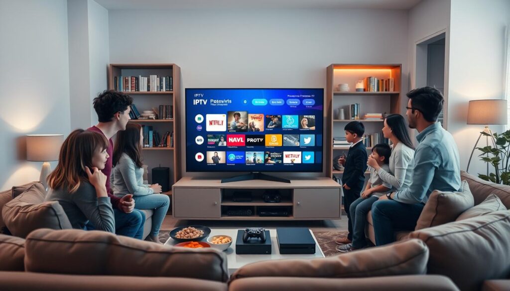 A modern living room scene showcasing a family gathered around a sleek, large flat-screen TV displaying vibrant IPTV interface visuals. In the foreground, a diverse family of four—two adults and two children—are engaged in animated discussion, each person dressed in smart-casual clothing. A cozy couch and stylish coffee table filled with snacks add warmth. In the middle ground, the TV stands prominently on a minimalist entertainment unit, surrounded by gaming consoles and streaming devices. In the background, soft lighting creates an inviting atmosphere, with a bookshelf filled with DVDs and decorative items. The perspective is slightly angled, giving depth to the space, emphasizing the theme of choice and enhanced viewing experience. A modern living room scene showcasing a family gathered around a sleek, large flat-screen TV displaying vibrant IPTV interface visuals. In the foreground, a diverse family of four—two adults and two children—are engaged in animated discussion, each person dressed in smart-casual clothing. A cozy couch and stylish coffee table filled with snacks add warmth. In the middle ground, the TV stands prominently on a minimalist entertainment unit, surrounded by gaming consoles and streaming devices. In the background, soft lighting creates an inviting atmosphere, with a bookshelf filled with DVDs and decorative items. The perspective is slightly angled, giving depth to the space, emphasizing the theme of choice and enhanced viewing experience.