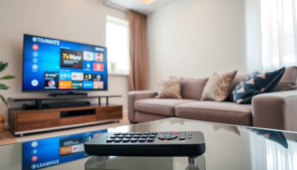 A modern living room scene showcasing the setup of the TiviMate IPTV Player on a sleek television. In the foreground, a stylish remote control rests on a glass coffee table, with the TiviMate interface displayed on the TV screen. The middle ground features a cozy sofa adorned with decorative cushions, inviting viewers to engage with the IPTV setup. In the background, a window allows soft, natural light to illuminate the room, creating a warm, welcoming atmosphere. The overall composition conveys a sense of ease and comfort, ideal for enjoying streaming entertainment. The image should be captured from a slight angle, providing depth and dimension while maintaining a professional look appropriate for an informational guide. A modern living room scene showcasing the setup of the TiviMate IPTV Player on a sleek television. In the foreground, a stylish remote control rests on a glass coffee table, with the TiviMate interface displayed on the TV screen. The middle ground features a cozy sofa adorned with decorative cushions, inviting viewers to engage with the IPTV setup. In the background, a window allows soft, natural light to illuminate the room, creating a warm, welcoming atmosphere. The overall composition conveys a sense of ease and comfort, ideal for enjoying streaming entertainment. The image should be captured from a slight angle, providing depth and dimension while maintaining a professional look appropriate for an informational guide.