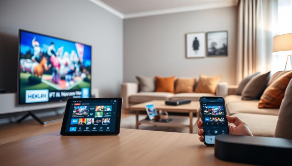 A modern living room scene showcasing various devices compatible with IPTV streaming. In the foreground, a sleek smart TV displays vibrant imagery, while nearby, a tablet and a smartphone showcase the same IPTV interface, emphasizing cross-device functionality. In the middle, a comfortable couch invites viewers to relax, adorned with stylish cushions. The background features a well-lit room with soft, warm lighting, and a coffee table with remote controls and a streaming device, adding to the casual atmosphere. The overall mood is relaxed and contemporary, suggesting an inviting space for streaming Irish TV content seamlessly on any device. Use a slightly elevated angle to capture the layout effectively, with a soft focus on the devices to highlight their usability. A modern living room scene showcasing various devices compatible with IPTV streaming. In the foreground, a sleek smart TV displays vibrant imagery, while nearby, a tablet and a smartphone showcase the same IPTV interface, emphasizing cross-device functionality. In the middle, a comfortable couch invites viewers to relax, adorned with stylish cushions. The background features a well-lit room with soft, warm lighting, and a coffee table with remote controls and a streaming device, adding to the casual atmosphere. The overall mood is relaxed and contemporary, suggesting an inviting space for streaming Irish TV content seamlessly on any device. Use a slightly elevated angle to capture the layout effectively, with a soft focus on the devices to highlight their usability.