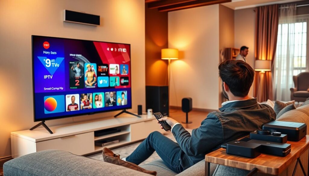 A modern living room setting designed for IPTV playback, featuring a sleek, large flat-screen TV displaying a colorful interface of various IPTV applications. In the foreground, a user, dressed in smart casual attire, is seated on a comfortable sofa, attentively navigating through the TV options using a remote control. To the right, a small table holds a collection of streaming devices like a Chromecast and a smart box. The middle ground features a stylish audio setup with speakers enhancing the multimedia experience. The background showcases cozy decor, soft lighting from floor lamps, and a window with soft curtains letting in warm sunlight. The overall atmosphere conveys a relaxed and tech-savvy environment perfect for enjoying streaming content. A modern living room setting designed for IPTV playback, featuring a sleek, large flat-screen TV displaying a colorful interface of various IPTV applications. In the foreground, a user, dressed in smart casual attire, is seated on a comfortable sofa, attentively navigating through the TV options using a remote control. To the right, a small table holds a collection of streaming devices like a Chromecast and a smart box. The middle ground features a stylish audio setup with speakers enhancing the multimedia experience. The background showcases cozy decor, soft lighting from floor lamps, and a window with soft curtains letting in warm sunlight. The overall atmosphere conveys a relaxed and tech-savvy environment perfect for enjoying streaming content.