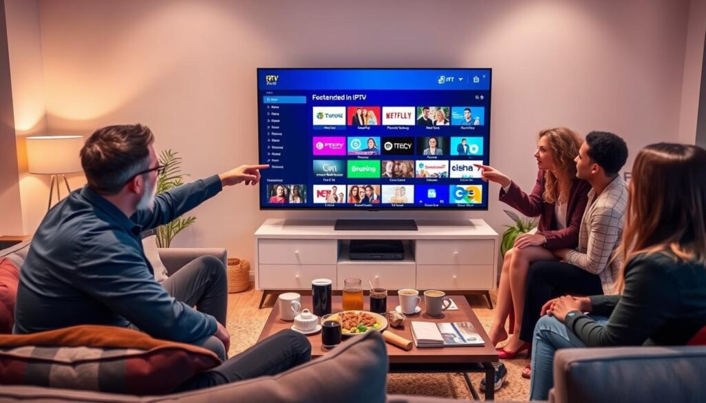 A modern living room setting featuring a cozy couch and a large flat-screen TV displaying an IPTV interface, showcasing various channel options available in Ireland. In the foreground, a diverse group of three people, dressed in smart casual attire, are engaged in a discussion, pointing towards the TV, conveying a sense of excitement and curiosity. The middle ground includes stylish furniture and decor, along with a coffee table cluttered with snacks and drinks, creating a relaxed atmosphere. The background features soft lighting, with warm hues to evoke a welcoming ambiance. The overall mood is friendly and inviting, capturing the essence of family and friends exploring the key features of IPTV services, such as variety in channels, user-friendly navigation, and streaming quality. A modern living room setting featuring a cozy couch and a large flat-screen TV displaying an IPTV interface, showcasing various channel options available in Ireland. In the foreground, a diverse group of three people, dressed in smart casual attire, are engaged in a discussion, pointing towards the TV, conveying a sense of excitement and curiosity. The middle ground includes stylish furniture and decor, along with a coffee table cluttered with snacks and drinks, creating a relaxed atmosphere. The background features soft lighting, with warm hues to evoke a welcoming ambiance. The overall mood is friendly and inviting, capturing the essence of family and friends exploring the key features of IPTV services, such as variety in channels, user-friendly navigation, and streaming quality.