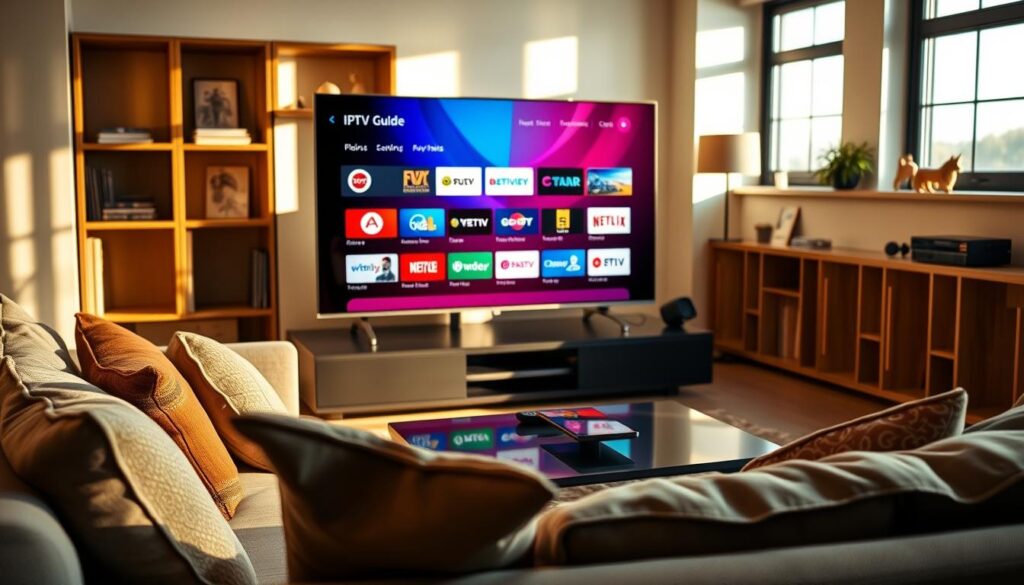 A modern living room setting featuring a sleek smart TV displaying a vibrant IPTV guide interface, showcasing various channels and features. In the foreground, a comfortable sofa with stylish cushions invites relaxation, while a coffee table holds a remote control and a tablet. The middle ground includes a large window with natural light streaming in, casting soft shadows across the room. The background subtly shows shelves with books and decorative items, adding a cozy atmosphere. The image is well-lit with warm tones to convey a welcoming mood, captured with a slight angle from a low perspective to emphasize the television screen and its colorful interface, illustrating the features and benefits of ge IPTV providers in Ireland.