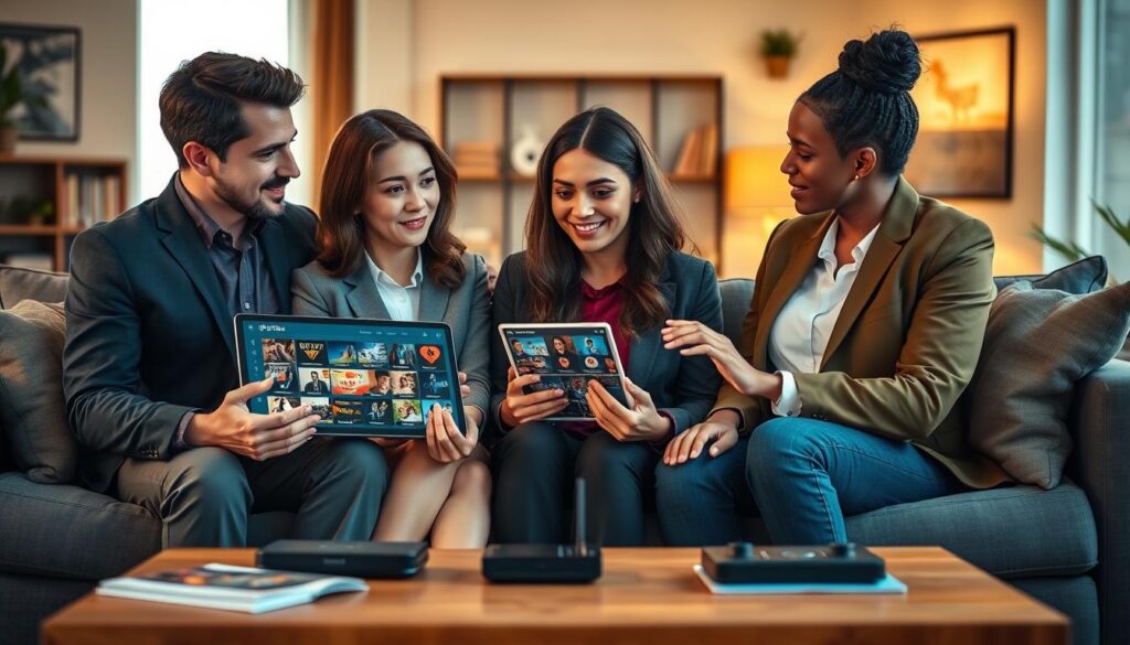 A modern living room setting showcasing a group of three diverse adults dressed in professional attire, engaged in a discussion while reviewing various IPTV service options on a sleek tablet. The foreground includes a comfortable couch and a stylish coffee table adorned with tech gadgets and pamphlets related to IPTV services. In the middle, the group appears animated, considering their choices, with the tablet displaying vibrant thumbnails of different IPTV channels. The background features a warmly lit ambiance, with soft-focus decor elements like a bookshelf and artwork, creating a cozy yet tech-savvy atmosphere. The image should convey a sense of collaboration and informed decision-making, influenced by natural daylight streaming through a window. A modern living room setting showcasing a group of three diverse adults dressed in professional attire, engaged in a discussion while reviewing various IPTV service options on a sleek tablet. The foreground includes a comfortable couch and a stylish coffee table adorned with tech gadgets and pamphlets related to IPTV services. In the middle, the group appears animated, considering their choices, with the tablet displaying vibrant thumbnails of different IPTV channels. The background features a warmly lit ambiance, with soft-focus decor elements like a bookshelf and artwork, creating a cozy yet tech-savvy atmosphere. The image should convey a sense of collaboration and informed decision-making, influenced by natural daylight streaming through a window.