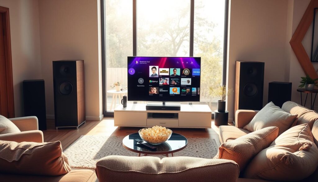 A modern living room setting showcasing an advanced IPTV viewing experience. In the foreground, a sleek flat-screen TV displays vibrant colors from a streaming service interface, showcasing advanced features like pause, rewind, and on-demand content. Surrounding the TV, high-quality speakers are integrated discreetly into stylish furniture. In the middle ground, a comfortable sofa adorned with cozy cushions invites viewers to relax, while a small coffee table holds a remote control and a bowl of popcorn. The background features a large window with sunlight streaming in, casting warm natural light into the room, creating a cozy and inviting atmosphere. The overall mood is relaxed and inviting, suggesting a premium entertainment experience at home.
