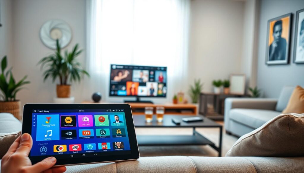 A modern living room setting showcasing the TiviMate IPTV player on a sleek, flat-screen television. In the foreground, a close-up of a tablet displaying vibrant and user-friendly interface features such as a customizable EPG (Electronic Program Guide), channel listings, and playback controls. The middle ground includes the TV, featuring various streaming options, and a stylish coffee table with remote controls and a stylish drink. The background shows cozy decorations, like potted plants and contemporary art on the walls, all bathed in soft, natural lighting filtering through a large window. The atmosphere is warm and inviting, emphasizing the ease and enjoyment of using TiviMate IPTV player in a home environment. A modern living room setting showcasing the TiviMate IPTV player on a sleek, flat-screen television. In the foreground, a close-up of a tablet displaying vibrant and user-friendly interface features such as a customizable EPG (Electronic Program Guide), channel listings, and playback controls. The middle ground includes the TV, featuring various streaming options, and a stylish coffee table with remote controls and a stylish drink. The background shows cozy decorations, like potted plants and contemporary art on the walls, all bathed in soft, natural lighting filtering through a large window. The atmosphere is warm and inviting, emphasizing the ease and enjoyment of using TiviMate IPTV player in a home environment.