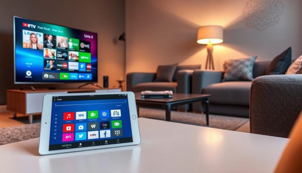 A modern living room setting showcasing the features of IPTV Smarters Pro for Irish TV streaming. In the foreground, a sleek smart TV displays an interface with vibrant Irish TV channels, featuring icons for live TV, catch-up, and favorite lists. Beside the TV, a stylish coffee table holds a tablet showing the IPTV Smarters Pro app, highlighting its user-friendly layout. In the middle, comfortable seating is arranged to create an inviting atmosphere, with soft lighting from a stylish lamp that casts a warm glow. The background features a subtle decorative wall, enhancing the cozy mood of the scene. The perspective is from a slightly elevated angle, giving a panoramic view of the room, conveying a sense of comfort and modern technology. A modern living room setting showcasing the features of IPTV Smarters Pro for Irish TV streaming. In the foreground, a sleek smart TV displays an interface with vibrant Irish TV channels, featuring icons for live TV, catch-up, and favorite lists. Beside the TV, a stylish coffee table holds a tablet showing the IPTV Smarters Pro app, highlighting its user-friendly layout. In the middle, comfortable seating is arranged to create an inviting atmosphere, with soft lighting from a stylish lamp that casts a warm glow. The background features a subtle decorative wall, enhancing the cozy mood of the scene. The perspective is from a slightly elevated angle, giving a panoramic view of the room, conveying a sense of comfort and modern technology.