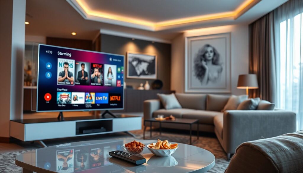 A modern living room setting showcasing the features of Smart IPTV. In the foreground, a sleek, high-definition smart TV displays a vibrant user interface with various streaming content options like movies and live TV shows. A stylish coffee table is adorned with a remote control and snacks, suggesting a cozy viewing experience. In the middle, a comfortable couch invites viewers to relax, complete with plush cushions. The background features elegant decor, soft ambient lighting, and a large window allowing natural light to pour in, creating a warm atmosphere. A subtle hint of technology is present with a streaming device connected to the TV. The overall mood is inviting and contemporary, ideal for home streaming enjoyment. A modern living room setting showcasing the features of Smart IPTV. In the foreground, a sleek, high-definition smart TV displays a vibrant user interface with various streaming content options like movies and live TV shows. A stylish coffee table is adorned with a remote control and snacks, suggesting a cozy viewing experience. In the middle, a comfortable couch invites viewers to relax, complete with plush cushions. The background features elegant decor, soft ambient lighting, and a large window allowing natural light to pour in, creating a warm atmosphere. A subtle hint of technology is present with a streaming device connected to the TV. The overall mood is inviting and contemporary, ideal for home streaming enjoyment.