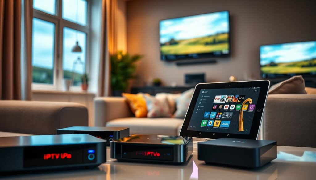 A modern living room setting showcasing various IPTV devices prominently displayed. In the foreground, there are sleek set-top boxes with illuminated screens, a stylish smart TV mounted on the wall featuring a vibrant interface, and a tablet showing an IPTV app. The middle layer includes a cozy sofa with colorful cushions, emphasizing a relaxed viewing atmosphere. In the background, soft ambient lighting complements the contemporary decor, with a window revealing an Irish landscape outside, suggesting a homey feel. The scene captures a warm, inviting mood, perfect for family entertainment. The angle is slightly tilted downwards, showcasing the devices clearly while maintaining a casual, home-like perspective. The overall composition is harmonious, without any text or distractions. A modern living room setting showcasing various IPTV devices prominently displayed. In the foreground, there are sleek set-top boxes with illuminated screens, a stylish smart TV mounted on the wall featuring a vibrant interface, and a tablet showing an IPTV app. The middle layer includes a cozy sofa with colorful cushions, emphasizing a relaxed viewing atmosphere. In the background, soft ambient lighting complements the contemporary decor, with a window revealing an Irish landscape outside, suggesting a homey feel. The scene captures a warm, inviting mood, perfect for family entertainment. The angle is slightly tilted downwards, showcasing the devices clearly while maintaining a casual, home-like perspective. The overall composition is harmonious, without any text or distractions.