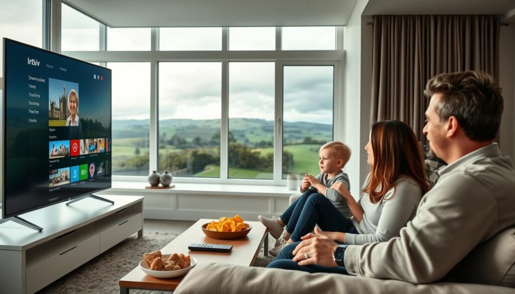 A modern living room setting with a large flat-screen TV displaying streaming options, symbolizing IPTV for Irish viewers. In the foreground, there is a family of three, a father, mother, and child, dressed in casual yet tidy clothing, engaged in a discussion about what they are watching, showing diverse emotions of interest and curiosity. The middle ground features a cozy couch and a coffee table with snacks and a remote control. The background includes a window with a view of a scenic Irish landscape, perhaps rolling hills and a cloudy sky, adding to the cultural context. Soft, natural lighting streams in from the window, creating a warm and inviting atmosphere, with a focus on the interaction and the IPTV concept without any text or distractions. A modern living room setting with a large flat-screen TV displaying streaming options, symbolizing IPTV for Irish viewers. In the foreground, there is a family of three, a father, mother, and child, dressed in casual yet tidy clothing, engaged in a discussion about what they are watching, showing diverse emotions of interest and curiosity. The middle ground features a cozy couch and a coffee table with snacks and a remote control. The background includes a window with a view of a scenic Irish landscape, perhaps rolling hills and a cloudy sky, adding to the cultural context. Soft, natural lighting streams in from the window, creating a warm and inviting atmosphere, with a focus on the interaction and the IPTV concept without any text or distractions.