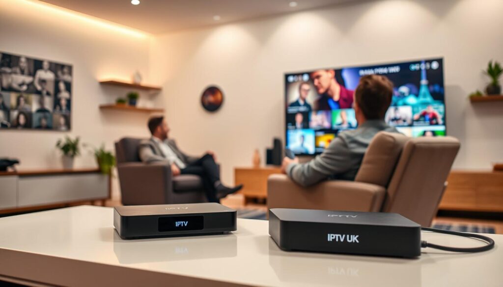 A modern living room setting with a person sitting comfortably in an armchair, watching a large flat-screen TV displaying vibrant streaming content. The foreground features a sleek media console with a digital streaming box labeled 'IPTV UK', showcasing technological sophistication. In the middle ground, the viewer appears engaged and relaxed, dressed in smart casual attire, reflecting a stylish yet comfortable atmosphere. The background includes soft ambient lighting enhancing the room's cozy feel, with subtle details like a houseplant and decorative shelves. The scene captures the essence of exceptional streaming quality, emphasizing clarity and smooth visuals, with a warm and inviting mood. A cinematic angle emphasizes the connection between viewer and technology, illustrating the seamless experience of IPTV UK streaming in Ireland. A modern living room setting with a person sitting comfortably in an armchair, watching a large flat-screen TV displaying vibrant streaming content. The foreground features a sleek media console with a digital streaming box labeled 'IPTV UK', showcasing technological sophistication. In the middle ground, the viewer appears engaged and relaxed, dressed in smart casual attire, reflecting a stylish yet comfortable atmosphere. The background includes soft ambient lighting enhancing the room's cozy feel, with subtle details like a houseplant and decorative shelves. The scene captures the essence of exceptional streaming quality, emphasizing clarity and smooth visuals, with a warm and inviting mood. A cinematic angle emphasizes the connection between viewer and technology, illustrating the seamless experience of IPTV UK streaming in Ireland.