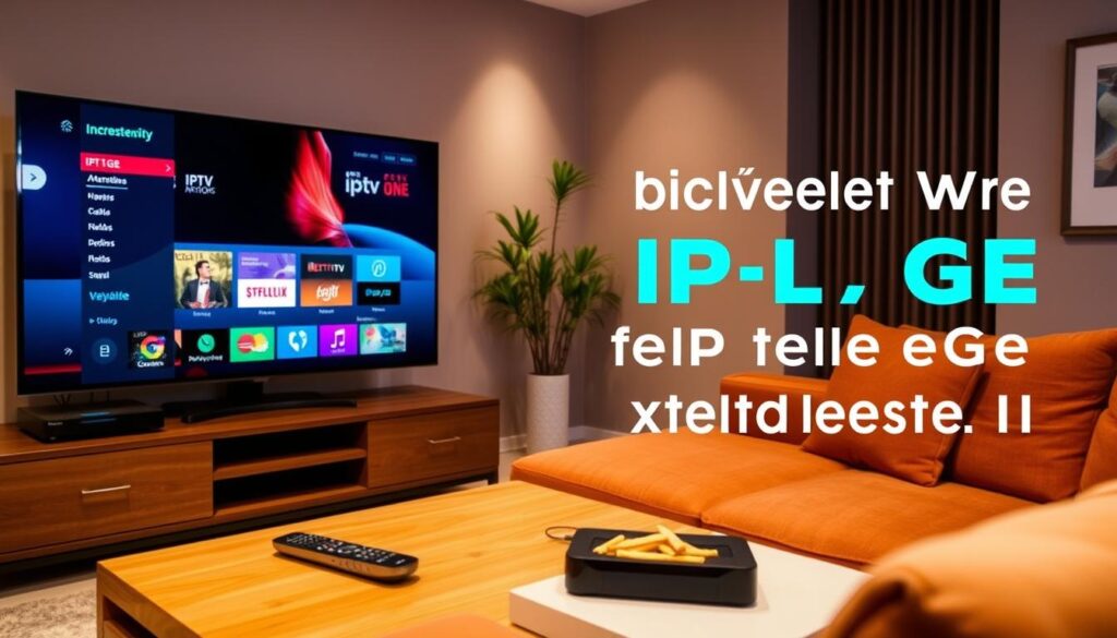A modern living room setup featuring a large flat-screen television displaying the IPTV.GE interface, with a sleek streaming device placed neatly beside it. The foreground includes a stylish coffee table with a remote control and snacks. In the middle ground, a comfortable couch upholstered in warm tones invites viewers to relax and enjoy streaming. The background showcases soft ambient lighting, creating a cozy atmosphere, with a decorative plant and framed art on the walls. The scene is well-lit, emphasizing the technology and comfort of home entertainment. The overall mood is inviting and informative, capturing the essence of setting up IPTV.GE for reliable streaming in Ireland. A modern living room setup featuring a large flat-screen television displaying the IPTV.GE interface, with a sleek streaming device placed neatly beside it. The foreground includes a stylish coffee table with a remote control and snacks. In the middle ground, a comfortable couch upholstered in warm tones invites viewers to relax and enjoy streaming. The background showcases soft ambient lighting, creating a cozy atmosphere, with a decorative plant and framed art on the walls. The scene is well-lit, emphasizing the technology and comfort of home entertainment. The overall mood is inviting and informative, capturing the essence of setting up IPTV.GE for reliable streaming in Ireland.