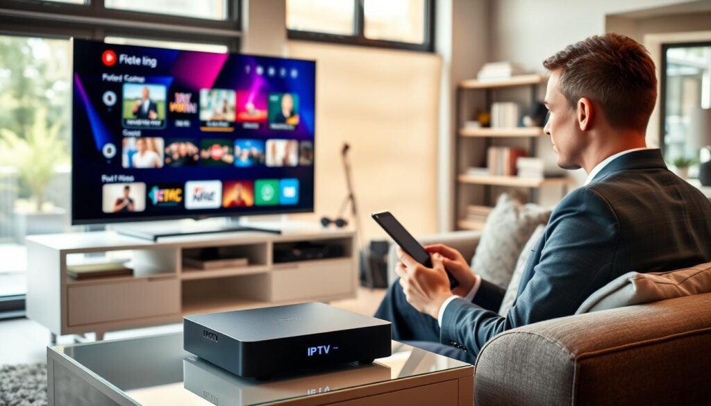 A modern living room setup, featuring a sleek flat-screen TV displaying vibrant streaming content, with a stylish IPTV box prominently placed on a contemporary media console. In the foreground, a person in professional business attire, engaging thoughtfully with a tablet, exploring IPTV options. In the middle, a cozy sofa with decorative cushions, and an ambient light source casting a warm glow. The background includes soft-focused shelves with books and tech gadgets, enhancing the tech-savvy atmosphere. The scene is illuminated by natural daylight streaming through large windows, creating an inviting and organized space. The overall mood is one of professionalism combined with comfort, reflecting the ease of a simplified IPTV setup process in Ireland.