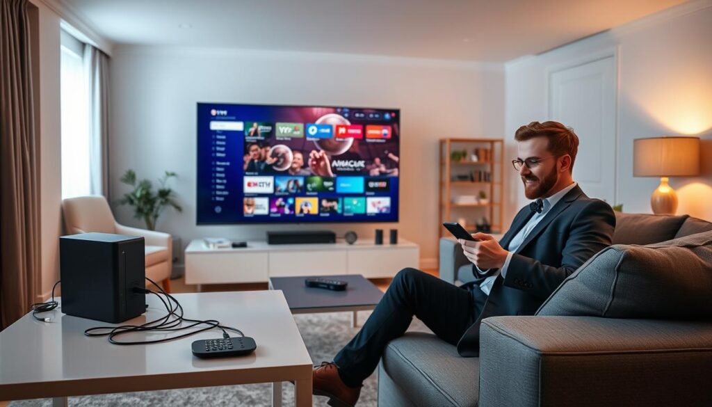 A modern living room setup illustrating the seamless process of configuring IPTV UK. In the foreground, a professional-looking individual in smart casual attire is seated on a sleek sofa, intently operating a tablet or smartphone. The middle section features an ultra-high-definition television displaying a vibrant IPTV interface, with a remote control placed beside it. Surrounding the television are well-organized cables and a compact fiber-optic modem promoting a clutter-free environment. The background depicts a cozy, well-lit room with warm ambient lighting, stylish decor, and a window allowing soft natural light to enter, creating an inviting atmosphere. The mood is focused and positive, capturing the excitement of setting up a new streaming service. A modern living room setup illustrating the seamless process of configuring IPTV UK. In the foreground, a professional-looking individual in smart casual attire is seated on a sleek sofa, intently operating a tablet or smartphone. The middle section features an ultra-high-definition television displaying a vibrant IPTV interface, with a remote control placed beside it. Surrounding the television are well-organized cables and a compact fiber-optic modem promoting a clutter-free environment. The background depicts a cozy, well-lit room with warm ambient lighting, stylish decor, and a window allowing soft natural light to enter, creating an inviting atmosphere. The mood is focused and positive, capturing the excitement of setting up a new streaming service.