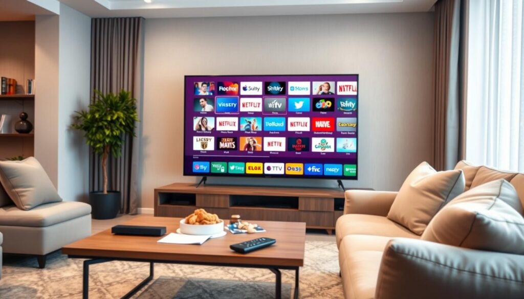 A modern living room setup serving as a cozy backdrop for the introduction to Smarters IPTV. In the foreground, a sleek smart TV displays the Smarters IPTV interface, showcasing a vibrant array of channels and categories. A stylish coffee table holds a remote control and snacks, signifying a relaxed viewing experience. In the middle ground, a comfortable sofa with plush cushions invites viewers to sit down and enjoy. The background features soft lighting from a nearby window, creating a warm and welcoming atmosphere. Use a wide-angle lens to capture the entire scene, with soft focus on the background to emphasize the TV and sofa. The overall mood should be inviting and informative, reflecting a tech-savvy home environment promoting digital entertainment.
