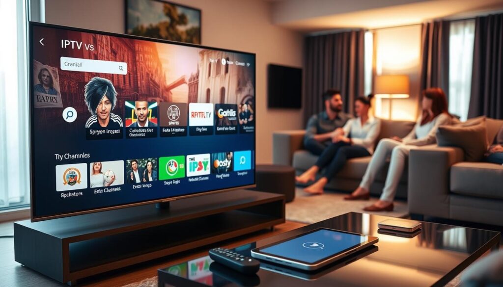 A modern living room setup showcasing IPTV channels for Ireland. In the foreground, a sleek smart TV displays a vibrant interface with various channel icons, including sports, news, and entertainment. On the coffee table, a remote control and a tablet are visible, suggesting easy navigation. The middle ground features comfortable, stylish furniture, with a family casually enjoying the viewing experience; they are dressed in smart casual attire. The background reveals a window with natural light illuminating the room, enhancing the inviting atmosphere. Use warm lighting to create a cozy vibe. Capture the scene from a slightly elevated angle to emphasize the setup. Focus on clarity and detail in the TV screen and surrounding elements, ensuring a polished, professional feel. A modern living room setup showcasing IPTV channels for Ireland. In the foreground, a sleek smart TV displays a vibrant interface with various channel icons, including sports, news, and entertainment. On the coffee table, a remote control and a tablet are visible, suggesting easy navigation. The middle ground features comfortable, stylish furniture, with a family casually enjoying the viewing experience; they are dressed in smart casual attire. The background reveals a window with natural light illuminating the room, enhancing the inviting atmosphere. Use warm lighting to create a cozy vibe. Capture the scene from a slightly elevated angle to emphasize the setup. Focus on clarity and detail in the TV screen and surrounding elements, ensuring a polished, professional feel.