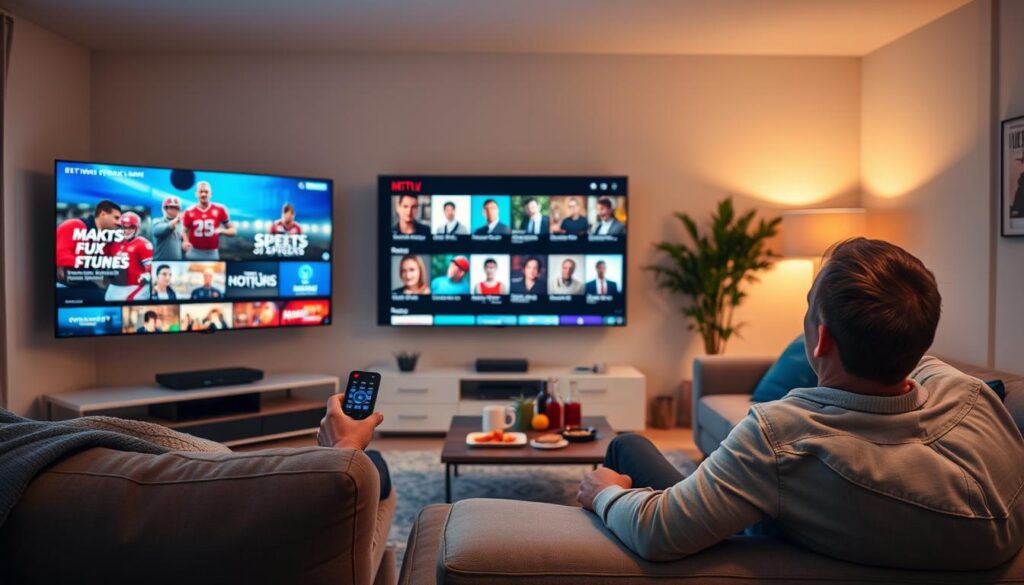 A modern living room setup showcasing a sleek television displaying vibrant IPTV content, featuring a diverse selection of genres like sports, movies, and documentaries. In the foreground, a comfortably dressed individual is sitting on a stylish sofa, intently watching the screen, with a remote control in hand. The middle layer includes a coffee table adorned with snacks and drinks, emphasizing a relaxing entertainment environment. In the background, soft ambient lighting enhances the cozy atmosphere, with warm tones illuminating the room. The overall mood is inviting and engaging, reflecting the enjoyment of home entertainment. Use a wide-angle lens perspective to capture the spacious feel, ensuring clarity and focus on the TV. No text or logos present. A modern living room setup showcasing a sleek television displaying vibrant IPTV content, featuring a diverse selection of genres like sports, movies, and documentaries. In the foreground, a comfortably dressed individual is sitting on a stylish sofa, intently watching the screen, with a remote control in hand. The middle layer includes a coffee table adorned with snacks and drinks, emphasizing a relaxing entertainment environment. In the background, soft ambient lighting enhances the cozy atmosphere, with warm tones illuminating the room. The overall mood is inviting and engaging, reflecting the enjoyment of home entertainment. Use a wide-angle lens perspective to capture the spacious feel, ensuring clarity and focus on the TV. No text or logos present.