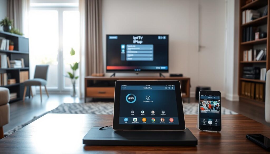 A modern living room setup showcasing the installation of IPTV Smarters Pro on various popular devices, such as a smart TV, tablet, and smartphone. In the foreground, a neatly arranged coffee table features a tablet displaying the IPTV Smarters Pro interface, illuminated by soft, warm lighting for a cozy atmosphere. In the middle ground, a sleek flat-screen TV shows the setup screen for the IPTV application, while a smartphone rests beside it with a live streaming service open. The background features a tidy bookshelf and a large window allowing natural light to filter in, creating a bright and inviting environment. The overall mood is professional yet relaxed, portraying a seamless installation experience in a typical home. A modern living room setup showcasing the installation of IPTV Smarters Pro on various popular devices, such as a smart TV, tablet, and smartphone. In the foreground, a neatly arranged coffee table features a tablet displaying the IPTV Smarters Pro interface, illuminated by soft, warm lighting for a cozy atmosphere. In the middle ground, a sleek flat-screen TV shows the setup screen for the IPTV application, while a smartphone rests beside it with a live streaming service open. The background features a tidy bookshelf and a large window allowing natural light to filter in, creating a bright and inviting environment. The overall mood is professional yet relaxed, portraying a seamless installation experience in a typical home.