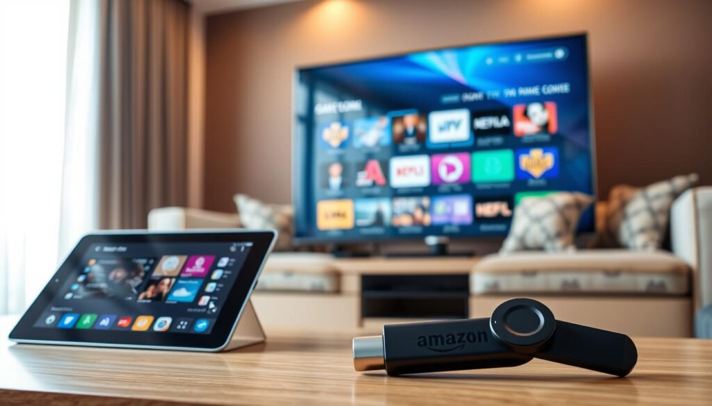 A modern living room setup showcasing various devices compatible with IPTV apps. In the foreground, a sleek smart television like a Samsung or LG, with a reflective screen displaying colorful app icons. To the left, a tablet propped on a stylish coffee table, and to the right, a streaming device such as an Amazon Fire Stick connected to the TV. In the middle ground, a comfortable sofa with a few decorative pillows, enhancing the cozy atmosphere. The background features a soft-lit ambiance with warm, inviting colors and light streaming in through a window, creating a relaxed, tech-savvy vibe. The composition captures a sense of accessibility and user-friendliness, highlighting the compatibility of different devices.