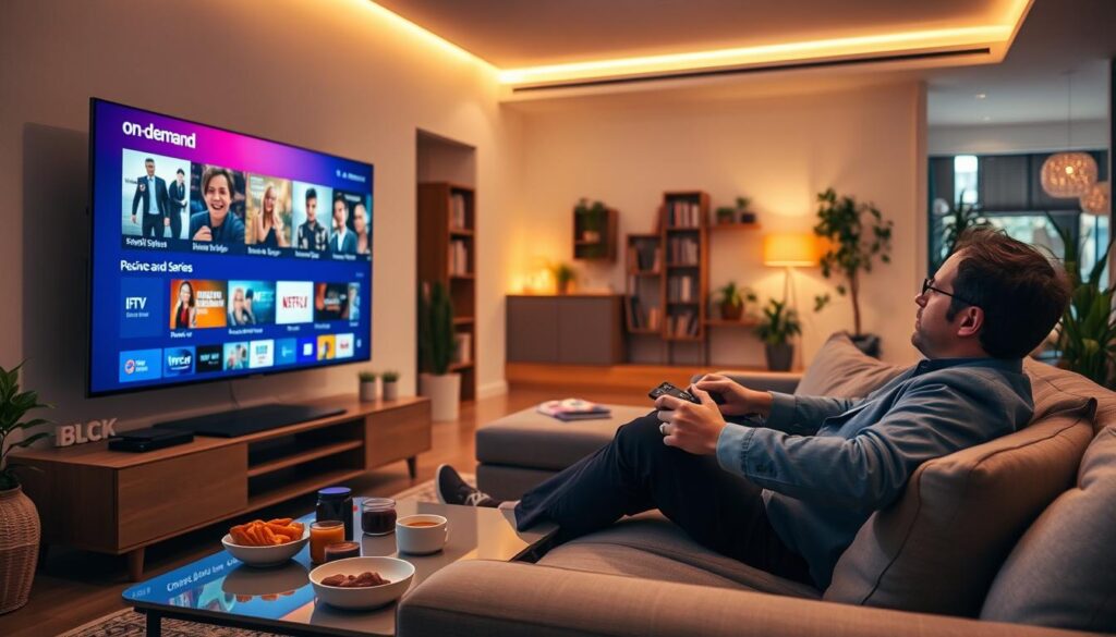 A modern living room with a focus on a sleek, large television displaying a vibrant on-demand IPTV interface, showcasing various genres like movies and series. In the foreground, a person in smart casual attire is comfortably seated on a chic sofa, holding a remote control, absorbed in watching their favorite content. The middle ground features a cozy coffee table with snacks and drinks, enhancing the atmosphere of relaxation. The background reveals a softly lit room with inviting decor, including bookshelves and indoor plants. The lighting is warm and inviting, with soft shadows creating an intimate ambiance. Capture the essence of modern entertainment, emphasizing convenience and choice, while ensuring the scene feels inviting and relatable.