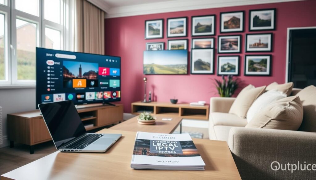 A modern living room with a large flat-screen television displaying a digital IPTV guide interface, showcasing various channels and categories. In the foreground, a stylish coffee table with a laptop and a guidebook titled "Choosing Legal IPTV Services." A cozy sofa sits to one side, adorned with plush cushions. In the middle ground, a window allows soft natural daylight to flood the room, creating a warm and inviting atmosphere. The background features a vibrant wall decorated with framed pictures of iconic Irish landscapes. The room is organized and professional, reflecting a tech-savvy ambiance. The lighting is bright yet soft, emphasizing an informed and discerning choice for legal IPTV services in Ireland.