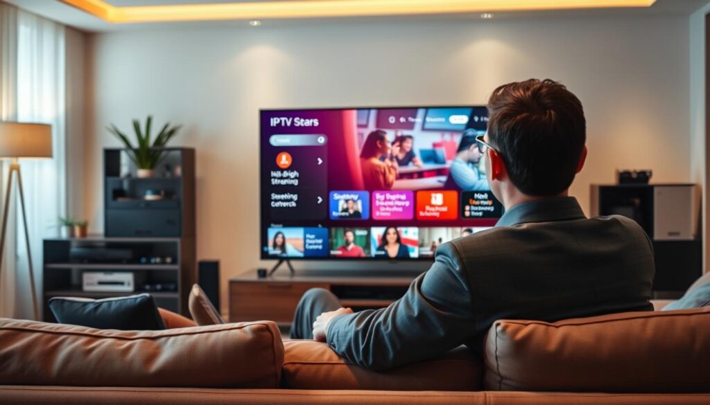 A modern living room with a sleek, large flat-screen TV displaying vibrant IPTV streaming quality features. In the foreground, a person in professional business attire is sitting comfortably on a stylish couch, focused on the screen. The middle section shows a colorful user interface with high-definition streaming options, buffering indicators, and subtitled content showcasing seamless playback. The background features soft ambient lighting highlighting the contemporary decor, creating a cozy yet sophisticated atmosphere. The room is adorned with smart tech devices, hinting at advanced streaming technology. The lens captures a warm, inviting ambiance with a slight depth of field to emphasize the IPTV features on the screen, suggesting a cutting-edge viewing experience. A modern living room with a sleek, large flat-screen TV displaying vibrant IPTV streaming quality features. In the foreground, a person in professional business attire is sitting comfortably on a stylish couch, focused on the screen. The middle section shows a colorful user interface with high-definition streaming options, buffering indicators, and subtitled content showcasing seamless playback. The background features soft ambient lighting highlighting the contemporary decor, creating a cozy yet sophisticated atmosphere. The room is adorned with smart tech devices, hinting at advanced streaming technology. The lens captures a warm, inviting ambiance with a slight depth of field to emphasize the IPTV features on the screen, suggesting a cutting-edge viewing experience.