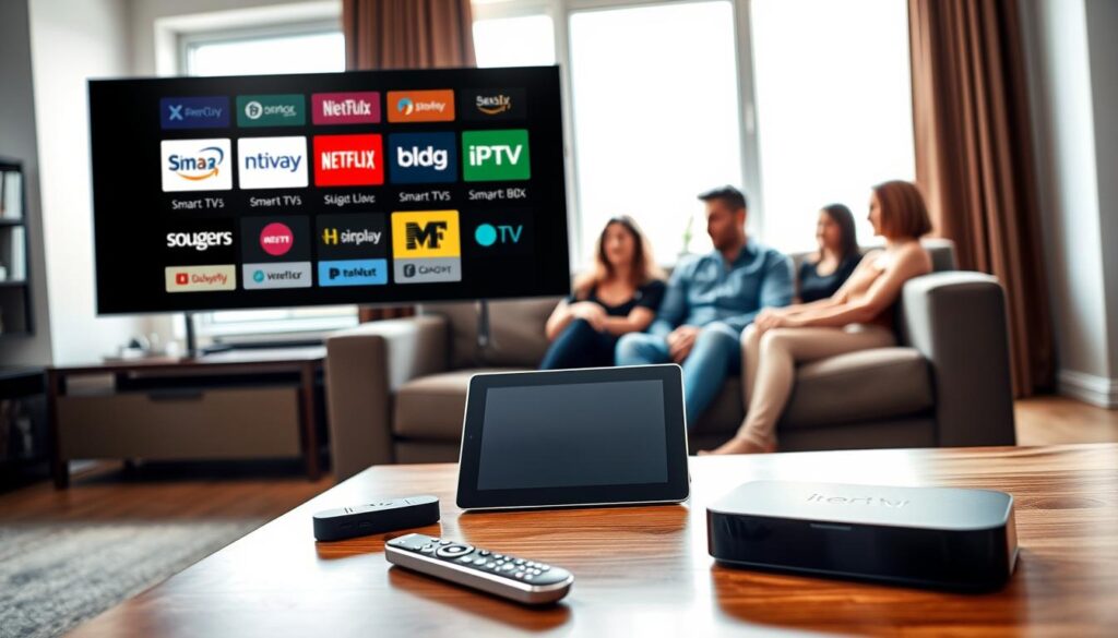 A modern living room with a sleek television displaying various IPTV device logos, including Smart TVs, streaming boxes, and tablets. In the foreground, a stylish coffee table showcases a tablet and a streaming device, with a remote control casually placed beside them. The middle ground features a comfortable couch where a family is seated, all dressed in smart casual attire, engaged in watching a show. The background depicts a bright window allowing natural light to flood the room, casting soft shadows. Use a warm color palette to create an inviting atmosphere, capturing the essence of home entertainment and the versatility of IPTV options in Ireland. The image should be taken from an angle that emphasizes the interaction between the family and the devices, with a slight depth of field for a professional, polished look. A modern living room with a sleek television displaying various IPTV device logos, including Smart TVs, streaming boxes, and tablets. In the foreground, a stylish coffee table showcases a tablet and a streaming device, with a remote control casually placed beside them. The middle ground features a comfortable couch where a family is seated, all dressed in smart casual attire, engaged in watching a show. The background depicts a bright window allowing natural light to flood the room, casting soft shadows. Use a warm color palette to create an inviting atmosphere, capturing the essence of home entertainment and the versatility of IPTV options in Ireland. The image should be taken from an angle that emphasizes the interaction between the family and the devices, with a slight depth of field for a professional, polished look.