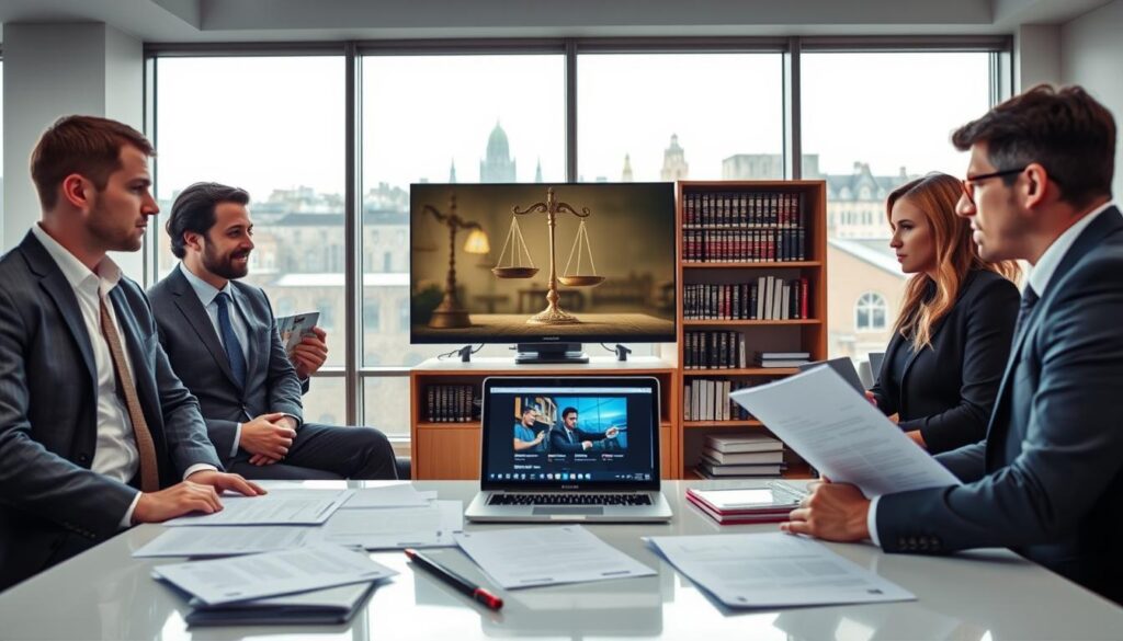 A modern office scene illustrating legal considerations for IPTV in Ireland. In the foreground, a diverse group of three professionals, two men and one woman, dressed in smart business attire, is engaged in a discussion around a table filled with legal documents and a laptop displaying a streaming service. In the middle ground, there are shelves with books on media law and technology, alongside a large screen showing important legal symbols like scales and a gavel. The background features large windows with a view of Dublin's skyline during the day, letting in soft natural light that creates an optimistic and focused atmosphere. The overall mood is serious and professional, reflecting the importance of compliance and safety in the IPTV industry.
