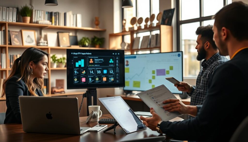 A modern office setting showcasing a team of diverse professionals collaborating on IPTV app development. In the foreground, a focused female developer in business attire is reviewing code on a laptop, while a male colleague gestures towards a large screen displaying app updates and graphs. In the middle ground, another developer is analyzing user feedback on a tablet, surrounded by sticky notes and design sketches. The background features shelves filled with tech books and awards, with soft, natural lighting filtering through large windows, creating an inviting atmosphere. The overall mood is one of innovation and teamwork, emphasizing the commitment to developer support, regular updates, and privacy considerations in app development.