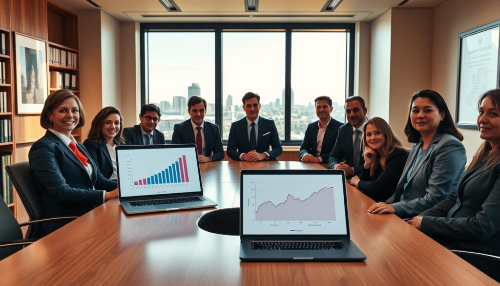 A modern office setting with a sleek conference table at the foreground, featuring a diverse group of professionals in business attire engaged in a discussion about legal considerations regarding IPTV services in Ireland. Include a laptop open on the table displaying a graph representing legal regulations. In the middle ground, a large window shows a view of Dublin's skyline under a bright, sunny sky, casting natural light into the room. The background features legal books and a framed map of Ireland on the wall, emphasizing the legal context. Capture the atmosphere as serious yet collaborative, with warm lighting enhancing the professionalism. Use an angle that provides a dynamic perspective, slightly elevated to encompass both the participants and the view outside.