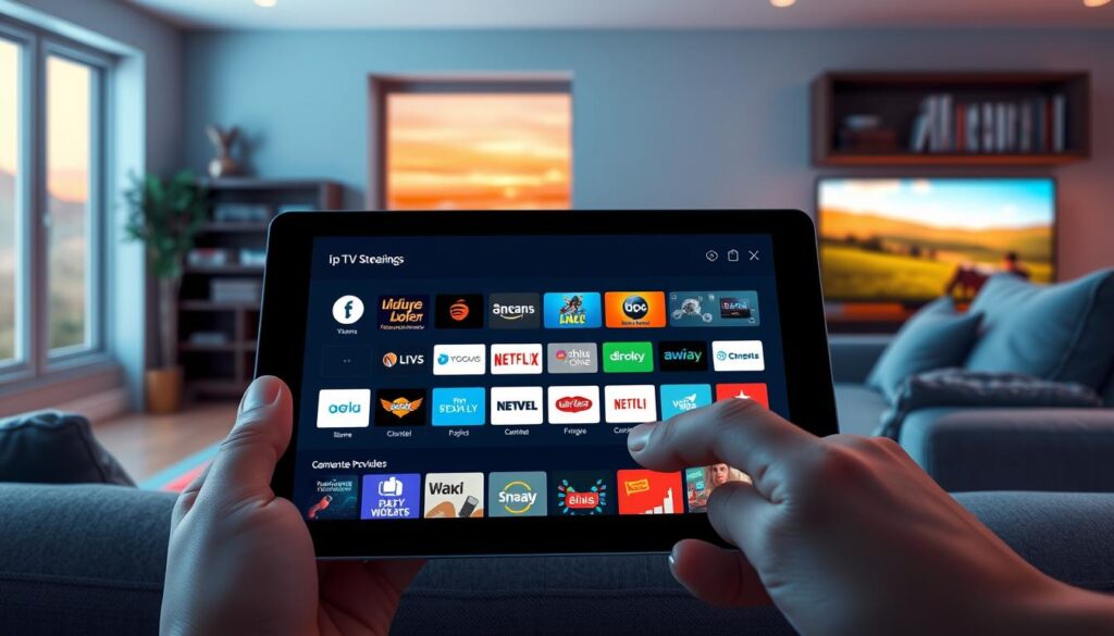 A modern, sleek digital illustration showcasing the theme of IPTV providers in Ireland. In the foreground, feature a stylish tablet displaying various streaming options and channel logos, with fingers selecting options. In the middle ground, depict a cozy living room setting with a sofa, a screen showcasing a vibrant home entertainment system, and a shelf containing some streaming-related books. The background includes a warm-lit window view of the Irish countryside, hinting at the local culture. Use soft, inviting lighting to create a relaxed atmosphere, and implement a shallow depth of field to emphasize the tablet. The overall mood should feel friendly and professional, suitable for a technology-focused audience. A modern, sleek digital illustration showcasing the theme of IPTV providers in Ireland. In the foreground, feature a stylish tablet displaying various streaming options and channel logos, with fingers selecting options. In the middle ground, depict a cozy living room setting with a sofa, a screen showcasing a vibrant home entertainment system, and a shelf containing some streaming-related books. The background includes a warm-lit window view of the Irish countryside, hinting at the local culture. Use soft, inviting lighting to create a relaxed atmosphere, and implement a shallow depth of field to emphasize the tablet. The overall mood should feel friendly and professional, suitable for a technology-focused audience.