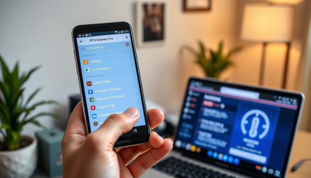 A modern, sleek digital interface depicting the IPTV Smarters Pro app on a smartphone, showing compatibility settings, troubleshooting options, and tips. In the foreground, focus on a hand holding the phone displaying clear icons and vibrant colors. The middle layer features a softly blurred laptop with diagnostic tools and an Internet connection symbol, suggesting technical troubleshooting. In the background, a cozy home office with warm lighting and a potted plant creates an inviting atmosphere. The mood is professional yet approachable, conveying a sense of ease in solving tech issues. Utilize natural lighting to enhance the clarity of the app interface, ensuring a well-composed image suitable for a tech article. A modern, sleek digital interface depicting the IPTV Smarters Pro app on a smartphone, showing compatibility settings, troubleshooting options, and tips. In the foreground, focus on a hand holding the phone displaying clear icons and vibrant colors. The middle layer features a softly blurred laptop with diagnostic tools and an Internet connection symbol, suggesting technical troubleshooting. In the background, a cozy home office with warm lighting and a potted plant creates an inviting atmosphere. The mood is professional yet approachable, conveying a sense of ease in solving tech issues. Utilize natural lighting to enhance the clarity of the app interface, ensuring a well-composed image suitable for a tech article.
