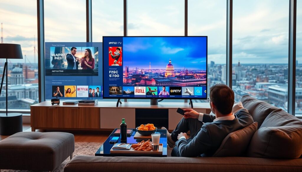 A modern, sleek living room setting with a large flat-screen TV displaying a vibrant IPTV interface featuring various entertainment options. In the foreground, a professional-looking person in business attire is sitting comfortably on a stylish couch, intently browsing through channels with a remote control in hand. The middle layer showcases a coffee table filled with snacks and drinks, creating a casual yet sophisticated atmosphere. In the background, large windows reveal a scenic view of Dublin's skyline bathed in warm, natural light, creating an inviting mood. The overall ambiance should feel contemporary and engaging, emphasizing the convenience and enjoyment of quality IPTV service in Ireland. Ensure high-resolution clarity and a cinematic angle that captures both the person and the TV screen effectively. A modern, sleek living room setting with a large flat-screen TV displaying a vibrant IPTV interface featuring various entertainment options. In the foreground, a professional-looking person in business attire is sitting comfortably on a stylish couch, intently browsing through channels with a remote control in hand. The middle layer showcases a coffee table filled with snacks and drinks, creating a casual yet sophisticated atmosphere. In the background, large windows reveal a scenic view of Dublin's skyline bathed in warm, natural light, creating an inviting mood. The overall ambiance should feel contemporary and engaging, emphasizing the convenience and enjoyment of quality IPTV service in Ireland. Ensure high-resolution clarity and a cinematic angle that captures both the person and the TV screen effectively.