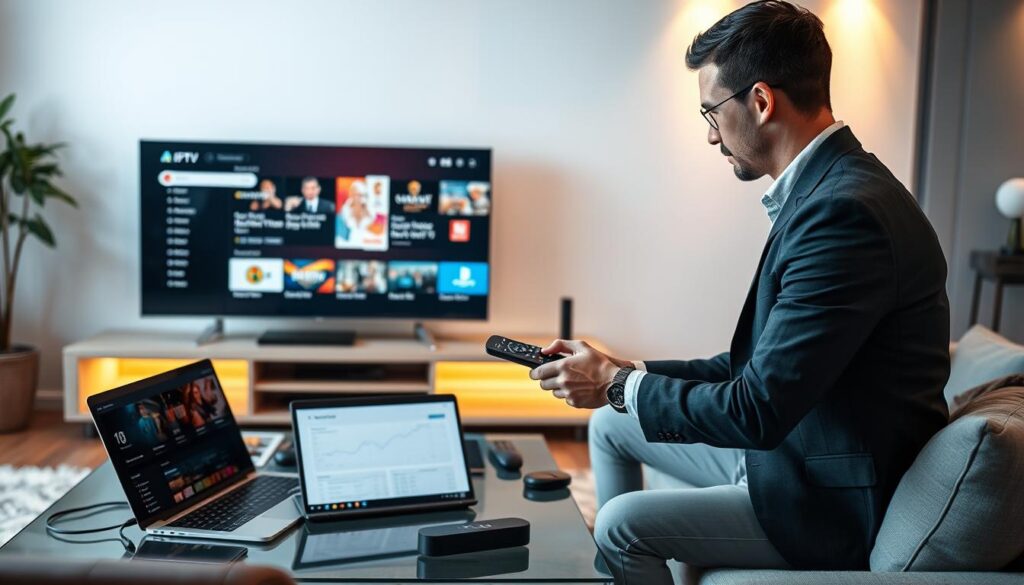 A modern, sleek living room setting with a large flat-screen TV displaying an IPTV stream player interface, showcasing various streaming options. In the foreground, a professional-looking person in smart casual attire is intently examining the remote control, focusing on the screen. Beside them, a laptop is open, displaying a comparative analysis of different IPTV services. The middle ground features a stylish coffee table with tech gadgets, remote controls, and snack items, creating a cozy yet tech-savvy atmosphere. The background is softly lit with warm, inviting light, enhancing the feeling of comfort and focus. The overall mood conveys an analytical, yet relaxed environment, ideal for evaluating IPTV stream players and apps.