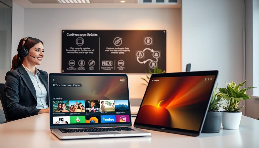 A modern, sleek office environment featuring a well-organized workspace. In the foreground, a laptop screen displays the IPTV Smarters Player interface with vibrant thumbnails of Irish streaming content, showcasing the ease of navigation. To the left, a dedicated customer support agent, a professional woman in smart business attire, is engaged in a conversation via a headset, her expression focused and friendly. In the middle ground, a wall poster highlights the continuous updates and features of the software, with symbols of connectivity and technology. The background is softly lit with warm tones, enhancing a welcoming atmosphere of productivity and innovation. A subtle hint of green, inspired by the Irish landscape, can be seen in potted plants adorning the desk. The overall mood is positive and encouraging, reflecting an efficient support system for users.