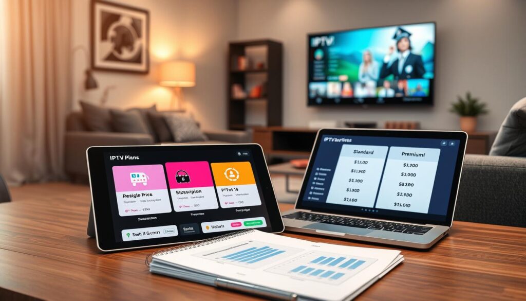 A modern, visually engaging scene depicting various IPTV subscription plans and pricing options. In the foreground, a sleek digital tablet displays an interactive interface showcasing multiple subscription tiers with vibrant icons and pricing details, such as basic, standard, and premium plans. In the middle, a stylish workspace features a laptop and a notepad with graphs illustrating the price comparison among the plans. The background should be a cozy living room with a large TV screen streaming content, softly illuminated by warm lighting to create a welcoming atmosphere. Use a wide-angle perspective to capture the entire setting, with a focus on clarity and professionalism. The overall mood should be informative and inviting, suitable for business and consumer engagement.