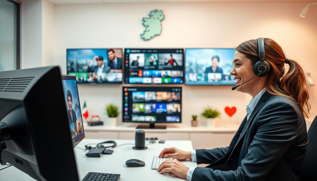 A professional customer support scenario in a modern telecommunication office setting to represent IPTV service in Ireland. In the foreground, a friendly customer service representative in business attire, wearing a headset, is engaging with a satisfied customer via video call on a sleek computer. In the middle, various screens display the IPTV interface showcasing a variety of channels and features, highlighting user-friendly design. The background features a well-organized office with subtle Irish decor, like a map of Ireland and a flag, adding cultural context. Soft, warm lighting creates an inviting atmosphere, and the angle of the shot captures both the representative's expressions and the engaging IPTV interface, emphasizing the importance of customer support in the IPTV experience.