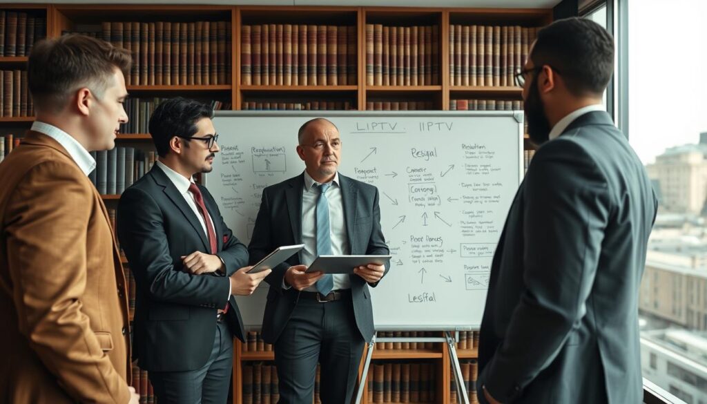 A professional office setting depicting legal considerations for IPTV in Ireland. In the foreground, a diverse group of three professionals, two men and one woman, are engaged in a serious discussion. They are dressed in smart business attire, with one holding a tablet showing IPTV regulations. The middle ground features a large whiteboard filled with legal frameworks, arrows, and bullet points related to IPTV legality. The background includes bookshelves filled with law books, a window with a view of Dublin, and soft natural light filtering in, creating a warm and focused atmosphere. The focus is on collaboration and legal analysis, conveying a mood of diligence and professionalism. The camera angle is slightly elevated, capturing the dynamics of the meeting. A professional office setting depicting legal considerations for IPTV in Ireland. In the foreground, a diverse group of three professionals, two men and one woman, are engaged in a serious discussion. They are dressed in smart business attire, with one holding a tablet showing IPTV regulations. The middle ground features a large whiteboard filled with legal frameworks, arrows, and bullet points related to IPTV legality. The background includes bookshelves filled with law books, a window with a view of Dublin, and soft natural light filtering in, creating a warm and focused atmosphere. The focus is on collaboration and legal analysis, conveying a mood of diligence and professionalism. The camera angle is slightly elevated, capturing the dynamics of the meeting.