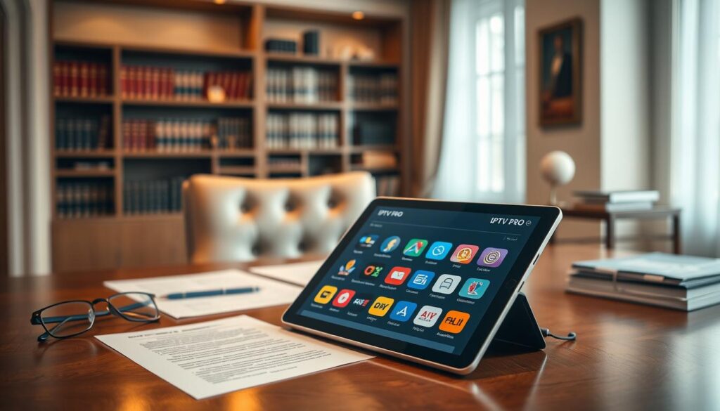 A professional setting depicting a sleek, modern tablet displaying the IPTV Pro app interface. In the foreground, the tablet is centered on an elegant wooden desk, showcasing vibrant app icons related to streaming content. Surrounding the tablet, there are legal documents and a pair of glasses, emphasizing a review context. In the middle ground, a stylish chair is partially visible, suggesting the presence of a user engaged in a legal review. The background features a softly lit office space with warm tones, including a bookshelf filled with law books and a window letting in gentle natural light. The atmosphere is formal yet inviting, reflecting a blend of technology and legality, with a focus on the professionalism of IPTV streaming. The image captures a sense of clarity and focus, emphasizing the legal evaluation aspect.