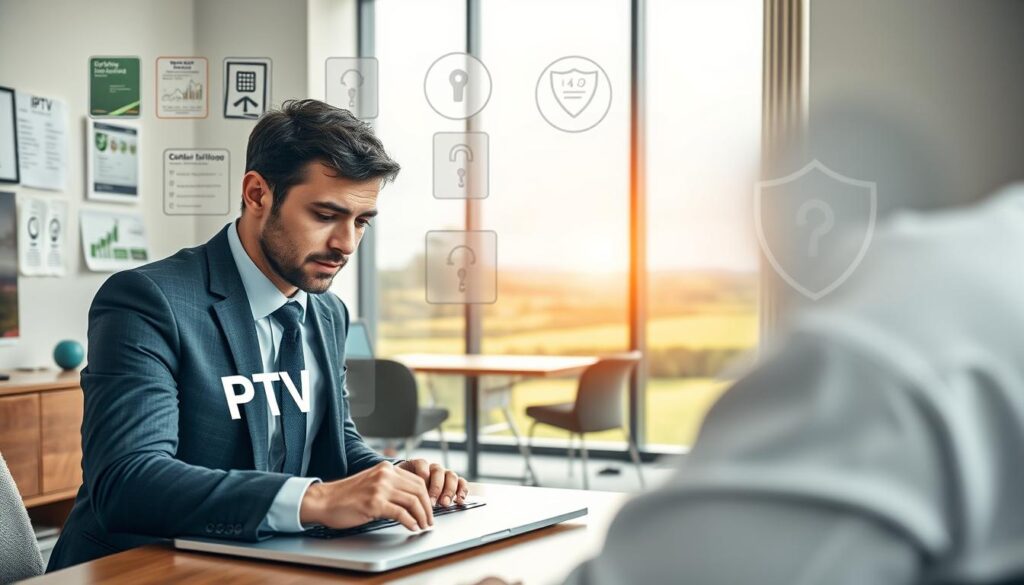 A professional setting illustrating IPTV safety and legality in Ireland. In the foreground, a focused individual in business attire examines a laptop displaying an IPTV interface, symbolizing cautious selection. In the middle ground, a modern office filled with safety compliance visuals like regulatory documents and a digital shield graphic representing security. The background features a large window showing a serene Irish landscape, evoking a sense of trust and tranquility. Soft, natural lighting enters the room, creating a warm and inviting atmosphere, with a slight lens blur on the background to emphasize the subject. The image conveys diligence and professionalism, emphasizing the importance of safe IPTV use. A professional setting illustrating IPTV safety and legality in Ireland. In the foreground, a focused individual in business attire examines a laptop displaying an IPTV interface, symbolizing cautious selection. In the middle ground, a modern office filled with safety compliance visuals like regulatory documents and a digital shield graphic representing security. The background features a large window showing a serene Irish landscape, evoking a sense of trust and tranquility. Soft, natural lighting enters the room, creating a warm and inviting atmosphere, with a slight lens blur on the background to emphasize the subject. The image conveys diligence and professionalism, emphasizing the importance of safe IPTV use.