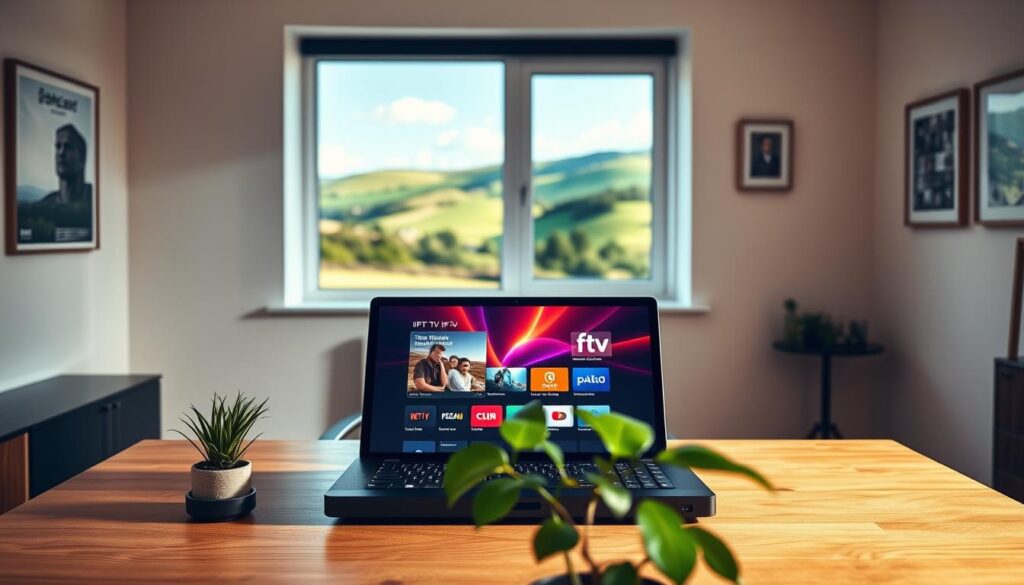 A serene study room set in a modern Irish home, featuring a sleek wooden desk with a laptop displaying a vibrant IPTV interface on the screen. In the foreground, a potted green plant adds life to the scene, while a comfortable chair rests beside the desk. In the middle background, a window reveals lush Irish countryside, with rolling green hills and a clear blue sky. Warm, soft lighting illuminates the space, creating a peaceful and inviting atmosphere. The walls are adorned with subtle artwork related to technology and entertainment. The overall mood is calm and professional, reflecting a trusted, contemporary environment for exploring IPTV sources. No people are present in the image, ensuring a clean focus on the setting. A serene study room set in a modern Irish home, featuring a sleek wooden desk with a laptop displaying a vibrant IPTV interface on the screen. In the foreground, a potted green plant adds life to the scene, while a comfortable chair rests beside the desk. In the middle background, a window reveals lush Irish countryside, with rolling green hills and a clear blue sky. Warm, soft lighting illuminates the space, creating a peaceful and inviting atmosphere. The walls are adorned with subtle artwork related to technology and entertainment. The overall mood is calm and professional, reflecting a trusted, contemporary environment for exploring IPTV sources. No people are present in the image, ensuring a clean focus on the setting.