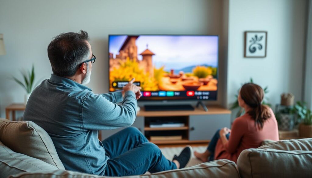 A serene view of a Georgian family enjoying IPTV.GE streaming on a modern smart TV in their cozy living room in Ireland. Foreground features a father casually dressed in comfortable attire, pointing to the screen with excitement, while the mother, dressed modestly, sits beside him looking pleased. Middle ground shows a vibrant display on the TV showcasing the clarity and richness of a Georgian cultural program. Background is filled with subtle elements representing Irish decor, like green plants and traditional artwork, bathed in warm, natural lighting. The scene conveys a sense of reliability and connectivity, with an inviting and homely atmosphere that emphasizes the high video quality and seamless streaming experience. A serene view of a Georgian family enjoying IPTV.GE streaming on a modern smart TV in their cozy living room in Ireland. Foreground features a father casually dressed in comfortable attire, pointing to the screen with excitement, while the mother, dressed modestly, sits beside him looking pleased. Middle ground shows a vibrant display on the TV showcasing the clarity and richness of a Georgian cultural program. Background is filled with subtle elements representing Irish decor, like green plants and traditional artwork, bathed in warm, natural lighting. The scene conveys a sense of reliability and connectivity, with an inviting and homely atmosphere that emphasizes the high video quality and seamless streaming experience.