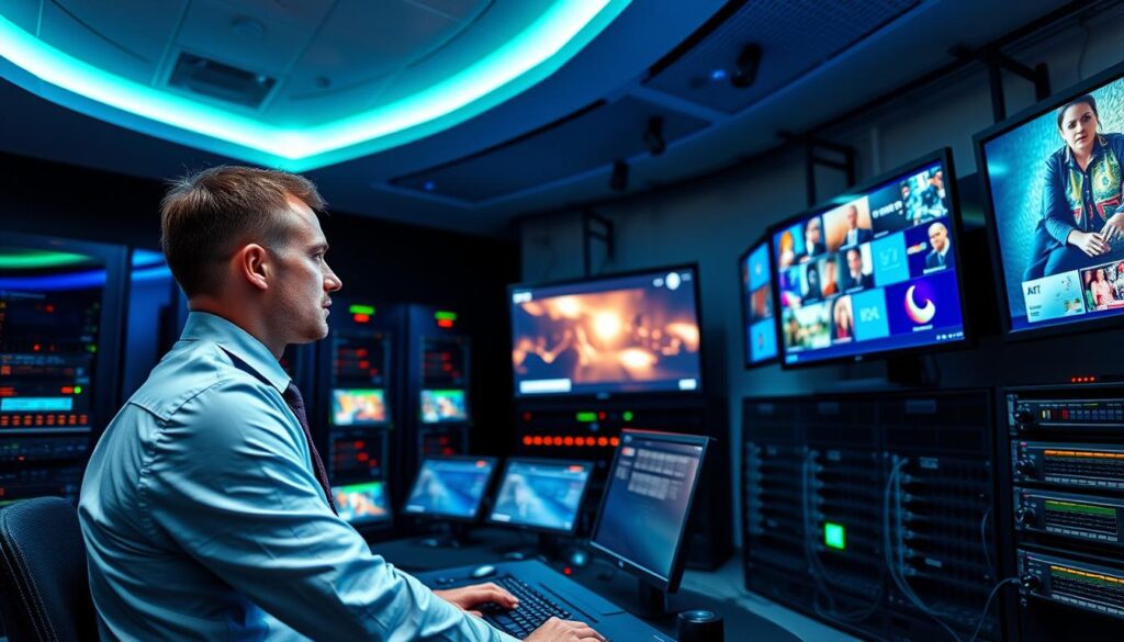 A sleek and modern IPTV control room, showcasing cutting-edge technology for high-quality streaming. In the foreground, a well-dressed technician, wearing business attire, operates advanced equipment. The middle features large screens displaying vibrant, high-resolution images of streaming content, highlighting various entertainment options. Behind, rows of servers and cables illustrate the robust infrastructure needed for reliable IPTV service in Ireland. The lighting is bright yet focused, creating a professional atmosphere. A blend of blue and green hues casts a futuristic vibe throughout the scene. The perspective is slightly angled, giving depth to the image, emphasizing the importance of technology in delivering seamless streaming experiences. A sleek and modern IPTV control room, showcasing cutting-edge technology for high-quality streaming. In the foreground, a well-dressed technician, wearing business attire, operates advanced equipment. The middle features large screens displaying vibrant, high-resolution images of streaming content, highlighting various entertainment options. Behind, rows of servers and cables illustrate the robust infrastructure needed for reliable IPTV service in Ireland. The lighting is bright yet focused, creating a professional atmosphere. A blend of blue and green hues casts a futuristic vibe throughout the scene. The perspective is slightly angled, giving depth to the image, emphasizing the importance of technology in delivering seamless streaming experiences.