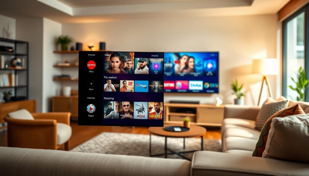 A sleek and modern IPTV smart player interface showcased prominently in the foreground, displaying vibrant streaming content, including sports, movies, and TV shows. The middle ground features a stylish living room with a comfortable sofa and a large flat-screen TV, emphasizing a cozy viewing environment. In the background, a warm and inviting atmosphere is created with soft lighting and subtle decor elements like shelves with books and plants. The scene captures an essence of seamless streaming, highlighting key features such as a user-friendly navigation menu and high-definition graphics. Use soft, ambient lighting to enhance the cozy mood, and a wide-angle lens effect to add depth to the living space. The overall atmosphere should evoke a sense of comfort and enjoyment in streaming entertainment at home. A sleek and modern IPTV smart player interface showcased prominently in the foreground, displaying vibrant streaming content, including sports, movies, and TV shows. The middle ground features a stylish living room with a comfortable sofa and a large flat-screen TV, emphasizing a cozy viewing environment. In the background, a warm and inviting atmosphere is created with soft lighting and subtle decor elements like shelves with books and plants. The scene captures an essence of seamless streaming, highlighting key features such as a user-friendly navigation menu and high-definition graphics. Use soft, ambient lighting to enhance the cozy mood, and a wide-angle lens effect to add depth to the living space. The overall atmosphere should evoke a sense of comfort and enjoyment in streaming entertainment at home.