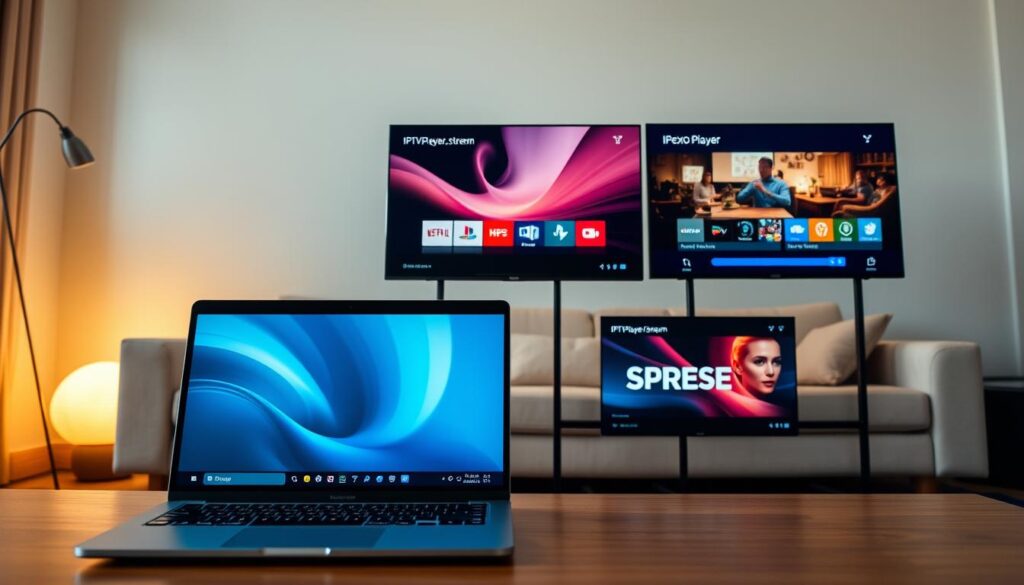 A sleek and modern comparison setup showcasing three IPTV players on individual screens, each highlighting distinctive features. In the foreground, a stylish laptop displays an interface for Smarters IPTV, with smooth video streaming in HD quality. The middle layer features side-by-side screens for IPTVPlayer.stream and IPEXO Player, both showing vibrant graphics and user-friendly layouts. In the background, a comfortable living room setting with soft, warm lighting enhances the appealing atmosphere, suggesting ease of use and relaxation. The lens should capture a slight overhead angle, emphasizing the screens while maintaining clarity of details. The mood conveys professionalism with an emphasis on technology, perfect for a tech-savvy audience looking for smooth streaming solutions in Ireland.