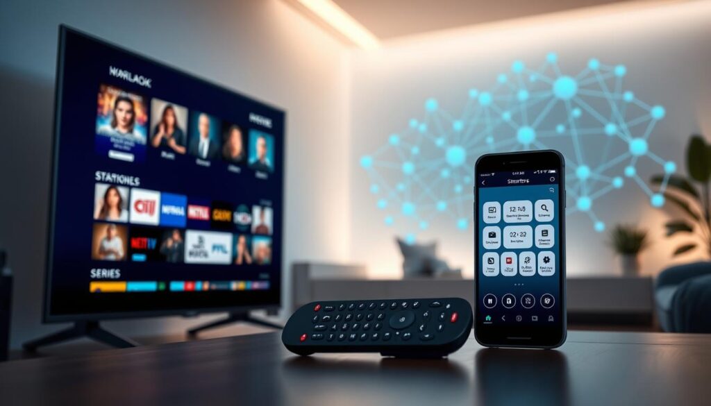 A sleek and modern digital landscape showcasing the features and functionalities of IPTV Smarters. In the foreground, a high-resolution TV screen displays an interface filled with vibrant thumbnails representing various channels, movies, and series. The middle ground features a stylized remote control and a smartphone displaying the IPTV Smarters app with intuitive controls. In the background, an abstract representation of a network with digital nodes symbolizes streaming technology. The scene is illuminated by soft, ambient lighting to create a cozy atmosphere, with a focus on blue and green tones to evoke a sense of technology. Capture the essence of seamless viewing experience and advanced features, emphasizing user convenience and digital entertainment in a modern home setting. A sleek and modern digital landscape showcasing the features and functionalities of IPTV Smarters. In the foreground, a high-resolution TV screen displays an interface filled with vibrant thumbnails representing various channels, movies, and series. The middle ground features a stylized remote control and a smartphone displaying the IPTV Smarters app with intuitive controls. In the background, an abstract representation of a network with digital nodes symbolizes streaming technology. The scene is illuminated by soft, ambient lighting to create a cozy atmosphere, with a focus on blue and green tones to evoke a sense of technology. Capture the essence of seamless viewing experience and advanced features, emphasizing user convenience and digital entertainment in a modern home setting.