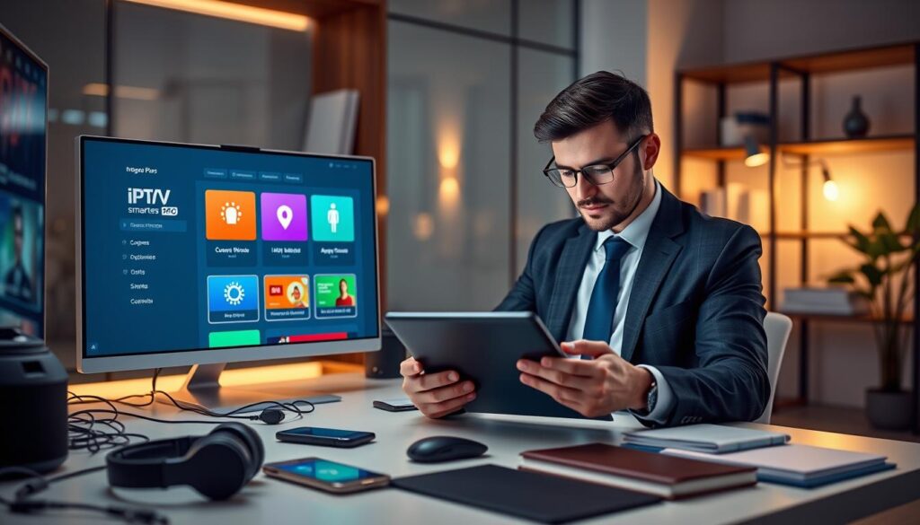 A sleek and modern digital workspace featuring a high-resolution display showcasing the IPTV Smarters Pro app interface with vivid colors and user-friendly design elements. In the foreground, a professional-looking individual in smart business attire reviews app updates on a tablet, deeply engaged in the experience. The middle ground captures a stylish desk cluttered with tech gadgets like a smartphone and headphones, hinting at a tech-savvy environment. In the background, soft ambient lighting with a warm glow enhances the atmosphere, while a bookshelf filled with tech manuals and a plant add a touch of tranquility. The overall mood is focused and knowledgeable, conveying a sense of professionalism and trust in technology support and app updates. A sleek and modern digital workspace featuring a high-resolution display showcasing the IPTV Smarters Pro app interface with vivid colors and user-friendly design elements. In the foreground, a professional-looking individual in smart business attire reviews app updates on a tablet, deeply engaged in the experience. The middle ground captures a stylish desk cluttered with tech gadgets like a smartphone and headphones, hinting at a tech-savvy environment. In the background, soft ambient lighting with a warm glow enhances the atmosphere, while a bookshelf filled with tech manuals and a plant add a touch of tranquility. The overall mood is focused and knowledgeable, conveying a sense of professionalism and trust in technology support and app updates.