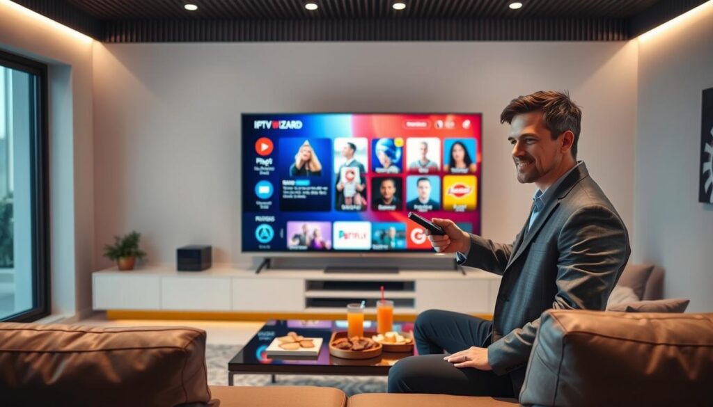 A sleek and modern living room setting showcasing a large flat-screen TV displaying vibrant IPTV Wizard interface elements. In the foreground, a user, dressed in smart casual attire, interacts with a remote control, looking engaged and satisfied. The middle ground features a stylish coffee table with snacks and drinks, enhancing the cozy atmosphere. In the background, soft ambient lighting highlights the room, creating a warm, inviting feel. The overall composition is shot from a slightly elevated angle, providing a clear view of the TV screen and the user's expression, capturing the essence of modern entertainment and enhanced user experience with IPTV services. The mood is relaxed yet sophisticated, emphasizing value and enjoyment in using IPTV Wizard.
