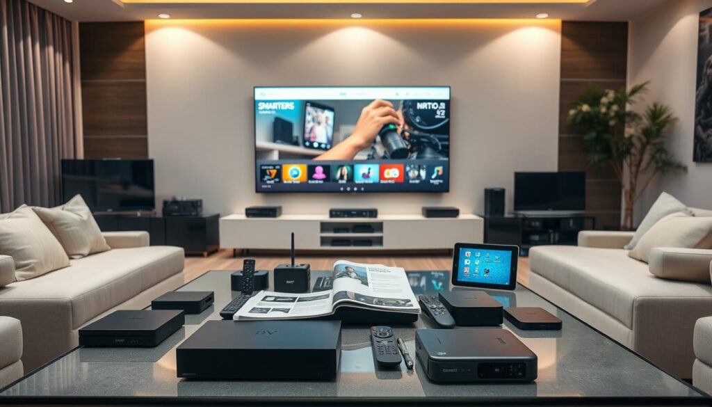 A sleek and modern living room showcasing a diverse array of devices commonly used with IPTV Smarters, such as smart TVs, streaming boxes, and tablets, positioned prominently in the foreground. In the middle ground, an elegant coffee table is cluttered with remote controls, a user-friendly guidebook, and a technician's toolkit, symbolizing the troubleshooting process. The background features a large LED screen displaying the IPTV Smarters interface, illuminated by ambient soft lighting that creates a warm and inviting atmosphere. The scene is viewed from a slight angle to capture the vibrant colors of the devices and the screen. The overall mood conveys a sense of professionalism and technical expertise, ideal for addressing device-specific fixes. A sleek and modern living room showcasing a diverse array of devices commonly used with IPTV Smarters, such as smart TVs, streaming boxes, and tablets, positioned prominently in the foreground. In the middle ground, an elegant coffee table is cluttered with remote controls, a user-friendly guidebook, and a technician's toolkit, symbolizing the troubleshooting process. The background features a large LED screen displaying the IPTV Smarters interface, illuminated by ambient soft lighting that creates a warm and inviting atmosphere. The scene is viewed from a slight angle to capture the vibrant colors of the devices and the screen. The overall mood conveys a sense of professionalism and technical expertise, ideal for addressing device-specific fixes.