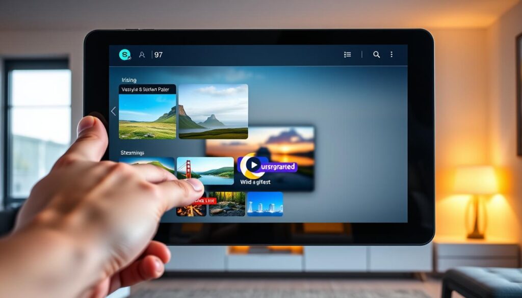 A sleek, modern digital device showcasing the IPTV Smarters Player interface on its screen, with vibrant graphics displaying Irish landscapes and streaming options. In the foreground, a hand reaches towards the device, symbolizing user interaction. The middle layer includes a soft-focus background of a stylish living room, with a comfortable couch and a glowing television embedded into a minimalist entertainment unit. Warm, inviting lighting highlights the scene, evoking a cozy atmosphere perfect for family streaming. The angle captures the device at eye-level, emphasizing its modernity and usability. The overall mood is one of seamless entertainment, designed for the Irish audience, promoting an engaging streaming experience devoid of text or distractions.